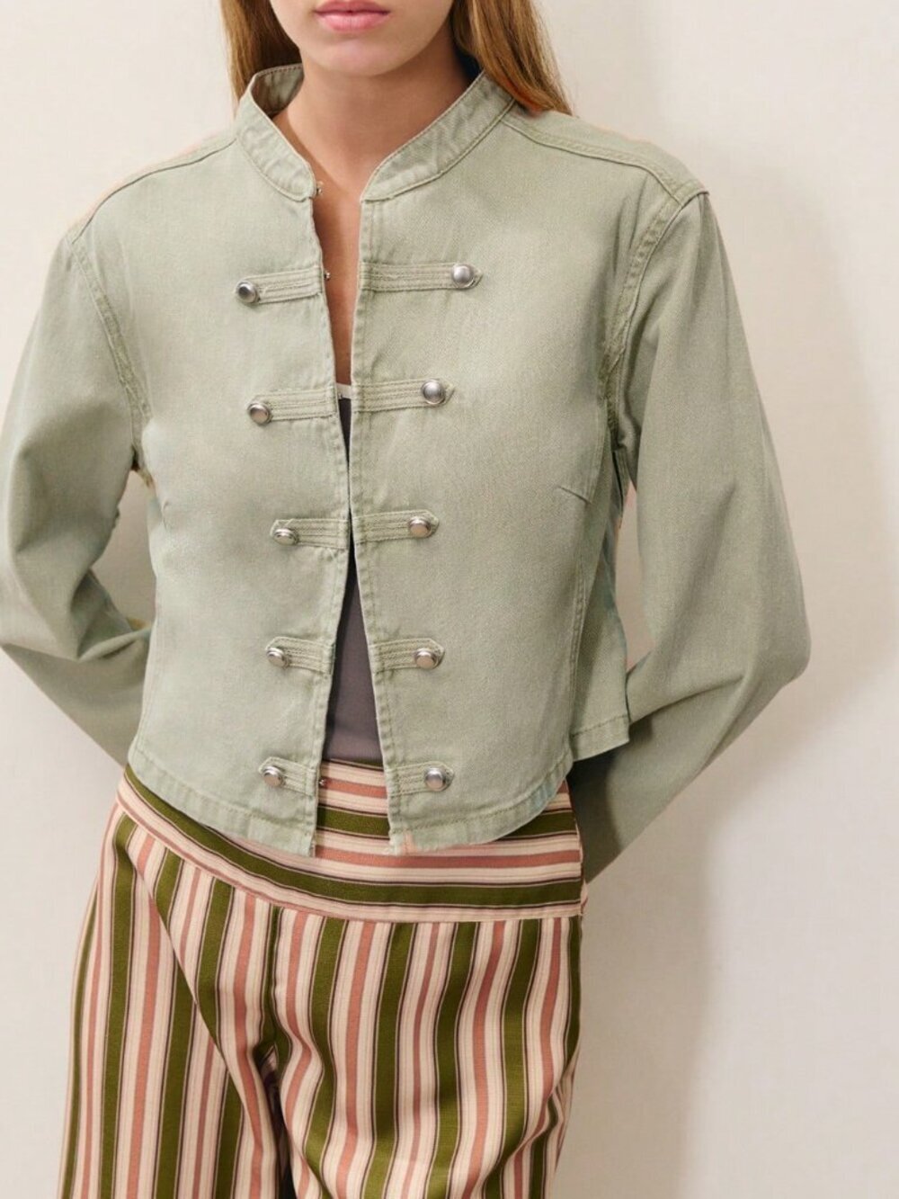 Green Military Women's Short Jacket, Cropped Fit, Metal Button Closure